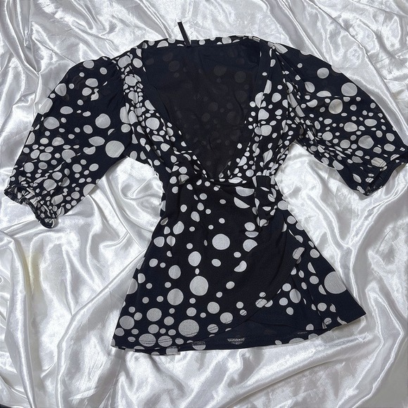 Kay Celine Tops - y2k Kay Celine Wrap Top Black White Polka Dot V-Neck Blouse